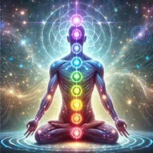 7 chakras on meditating man image