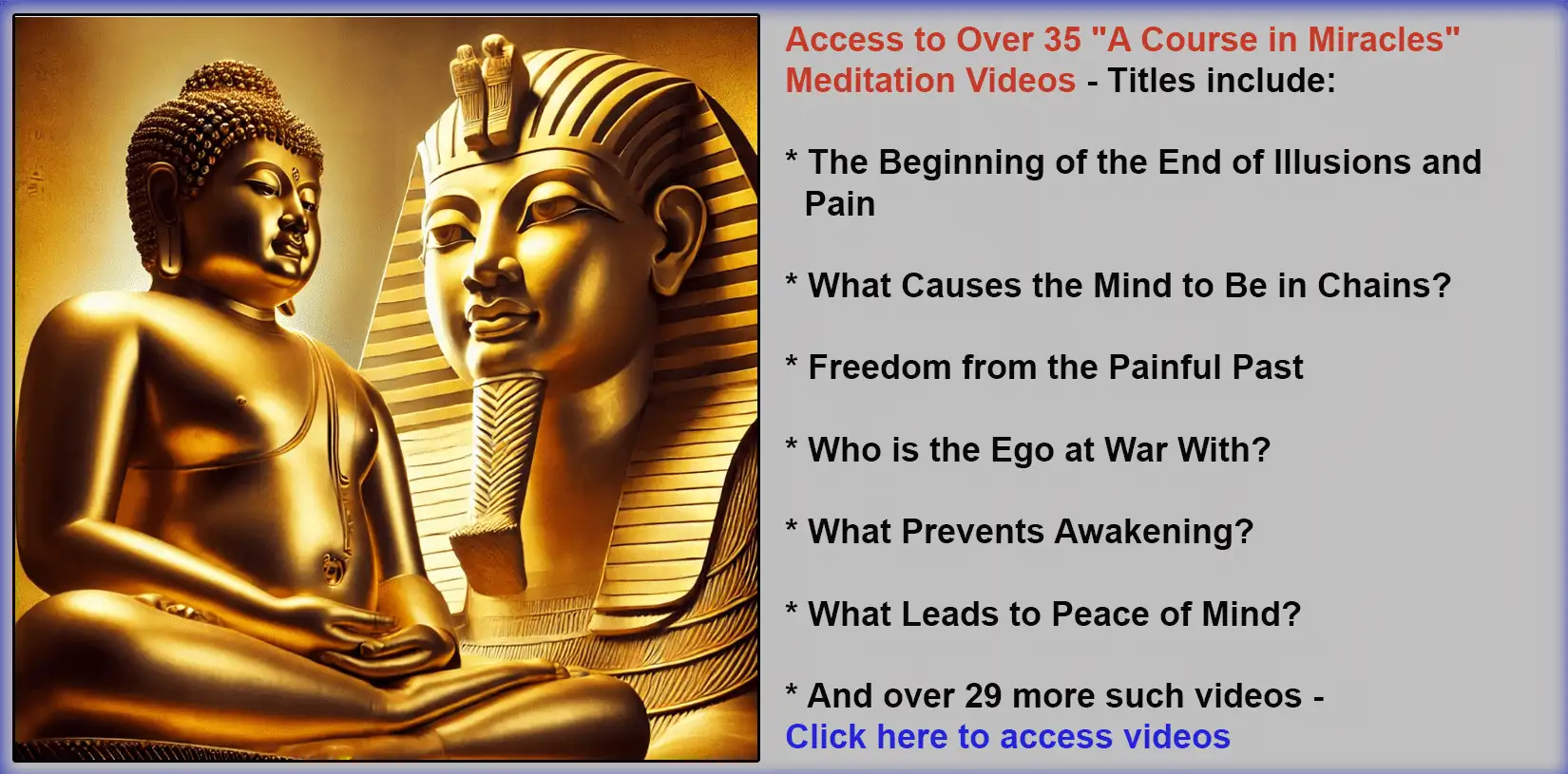 Free Meditation Videos text description with image of Buddha and Egyptian Sphinx